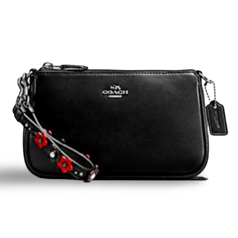 Coach Large Wristlet 19 With Floral Appliqué Strap, Antique Nickel/Black Leather